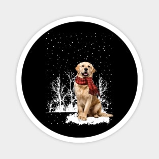 Christmas Golden Retriever With Scarf In Winter Forest Magnet